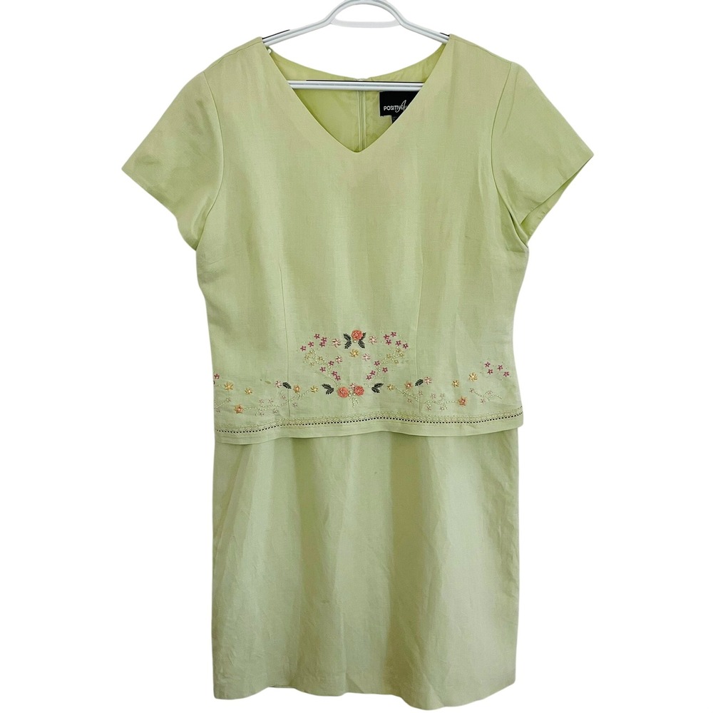 Vtg 80s Linen Embroidered Floral Beaded Positive Attitude Sheath Dress‎ Green 14